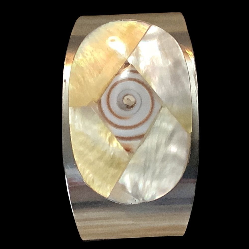 Bohemian Shell Inlay Wide Silver Cuff Bracelet in Cream and Gold